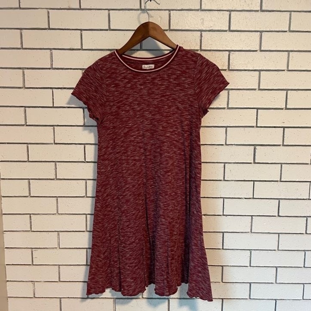 Love Fire Burgundy Marl Ribbed Knit T-Shirt Dress XS Short Sleeve Lettuce Hem